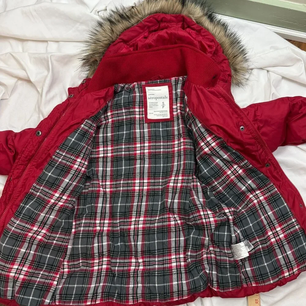 Y2K Vintage Aeropostale Jacket Faux Fur Hood Puffer Red Preppy Womens Small